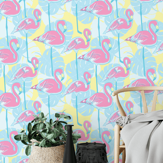 Yellow and Pink Flamingo Removable Wallpaper – MUSE Wall Studio