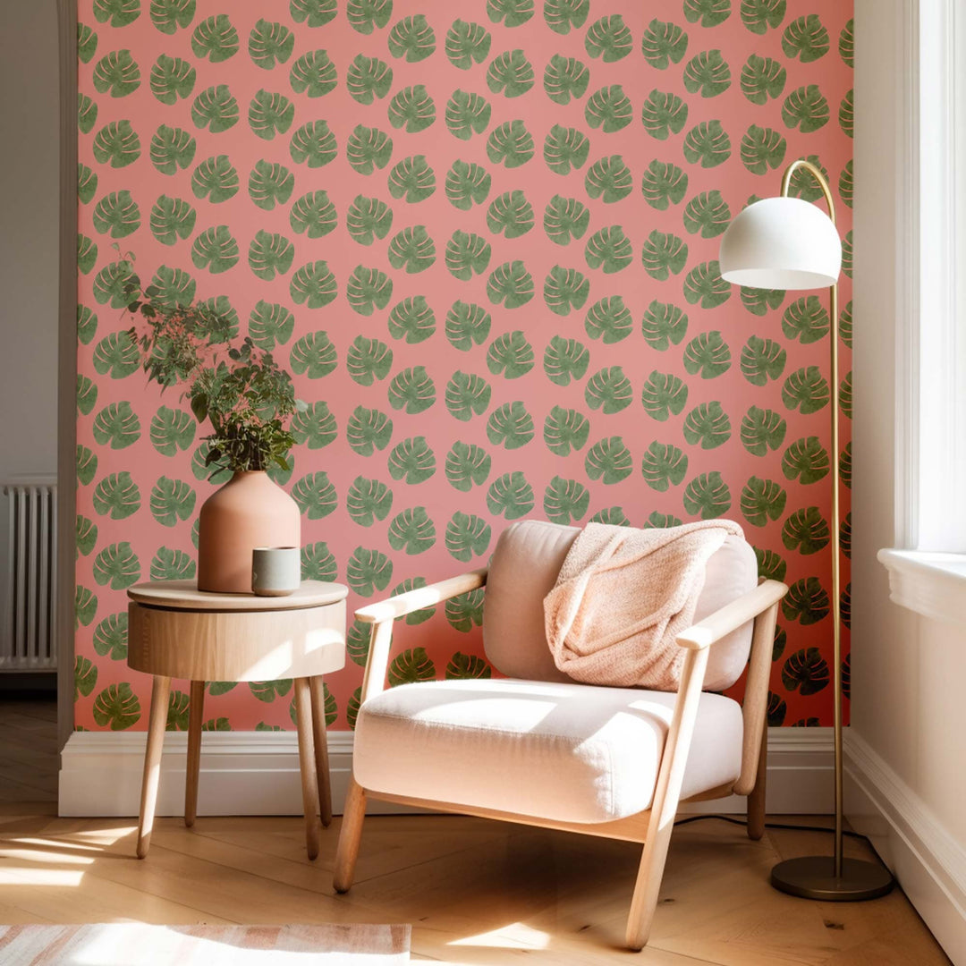 Monstera Coral Background Removable Wallpaper Small Sample
