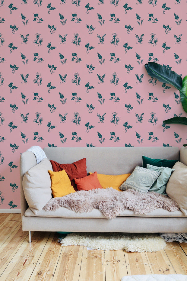 MUSE Wall Studio wallpaper Green Jungle Plants with a Splash of Pink