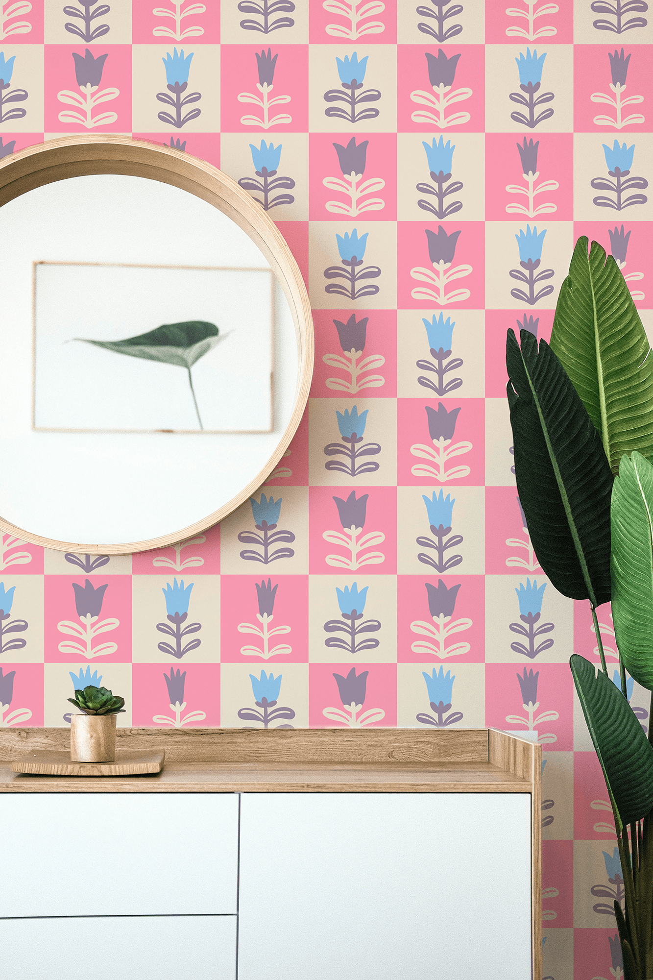 MUSE Wall Studio wallpaper Playful Checkered Tulip Wallpaper - Pink