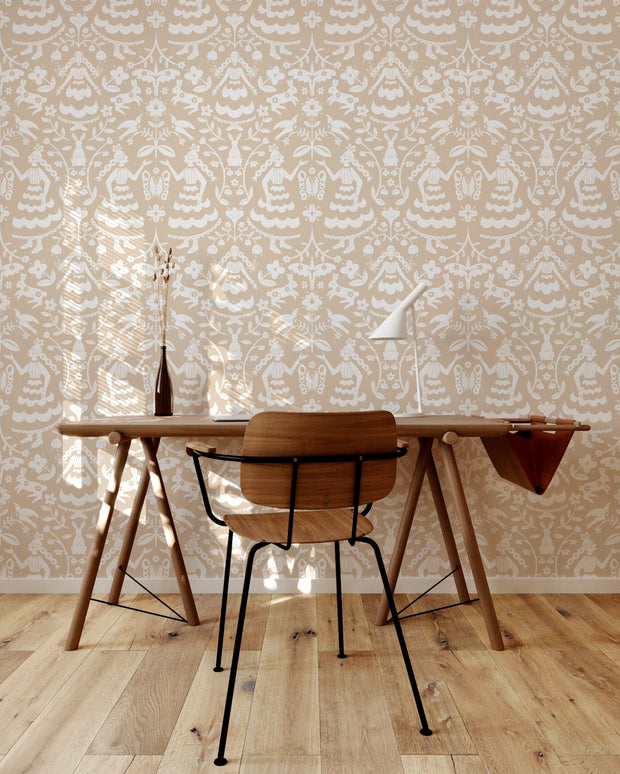 MUSE Wall Studio wallpaper Whimsical Folk Art Damask - Tan