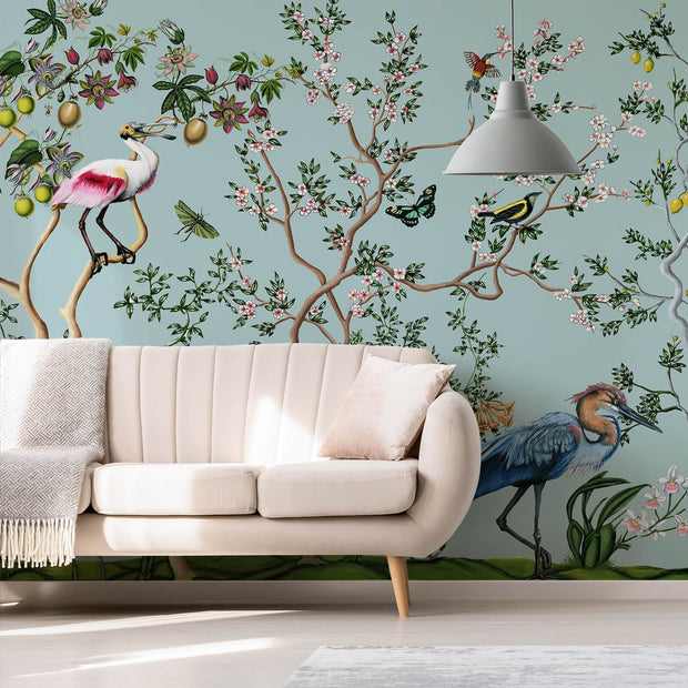 MUSE Wall Studio Bird and Branch Mural in Light Blue