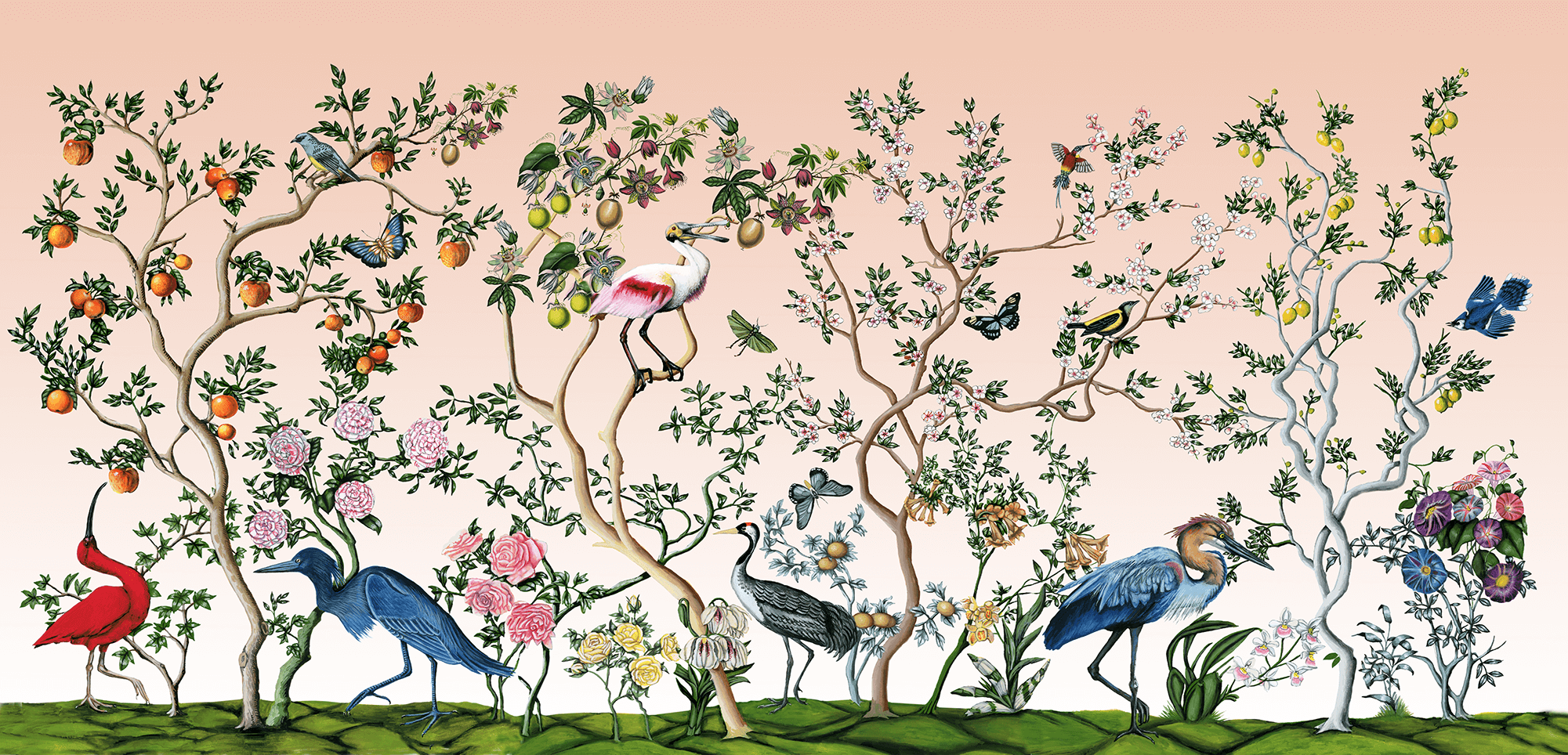 MUSE Wall Studio Bird and Branch Mural in Peach Sunrise
