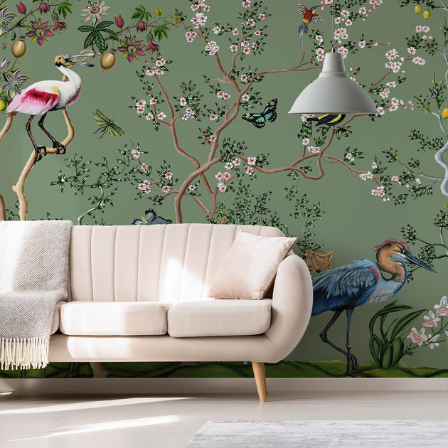 Bird and Branch Peel and Stick Wallpaper Mural in Sage