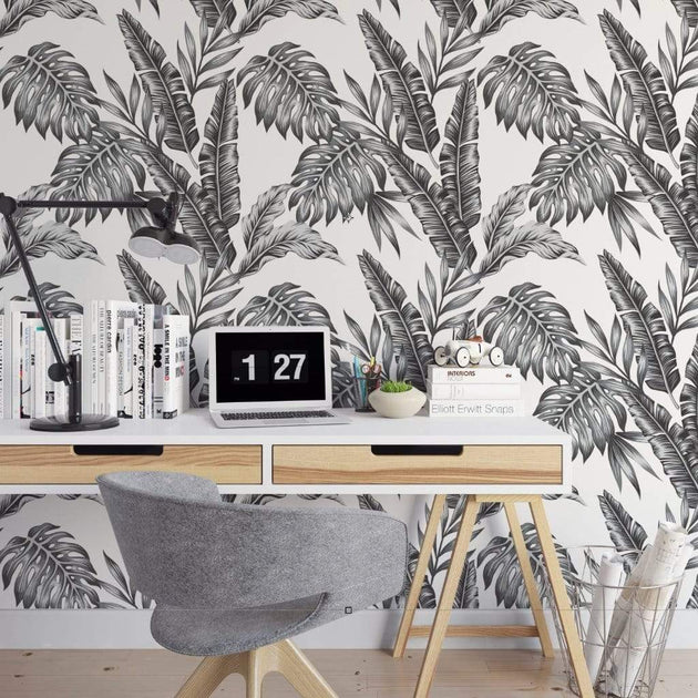 Black & White Palm Fronds on White Peel & Stick Wallpaper – MUSE Wall Studio