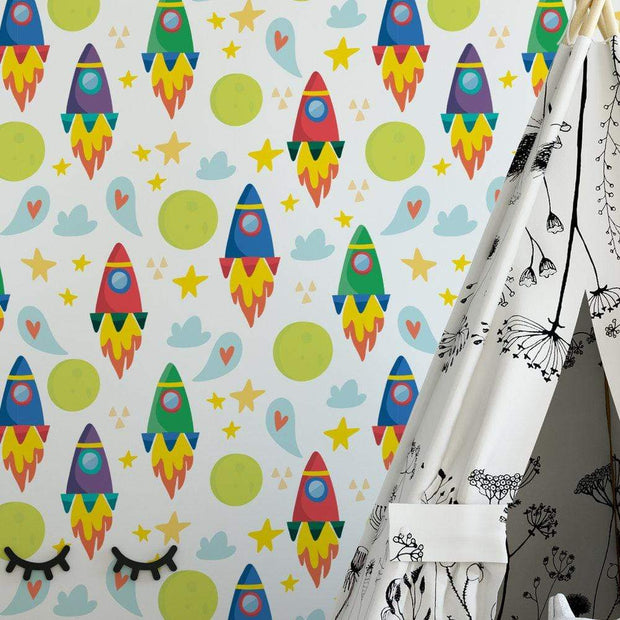 MUSE Wall Studio Rocket ship kids removable wallpaper / cute self adhesive wallpaper / children's outer space temporary wallpaper K122-27