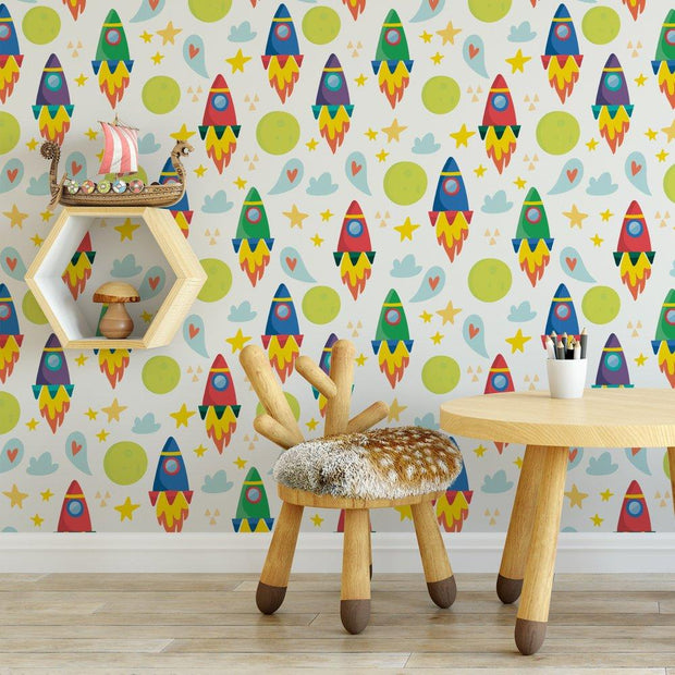 MUSE Wall Studio Rocket ship kids removable wallpaper / cute self adhesive wallpaper / children's outer space temporary wallpaper K122-27