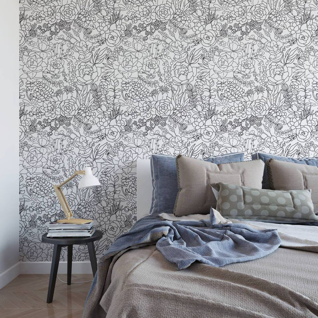 MUSE Wall Studio Sketched black and white floral removable wallpaper / cute self adhesive wallpaper / botanical temporary wallpaper B161-27