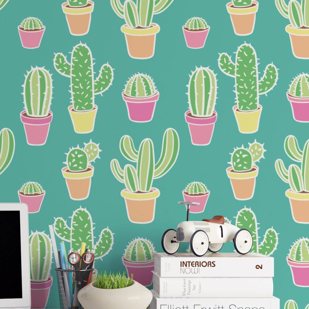 Whimsical Cactus Peel and Stick Wallpaper 25” wide by 96” high / Traditional