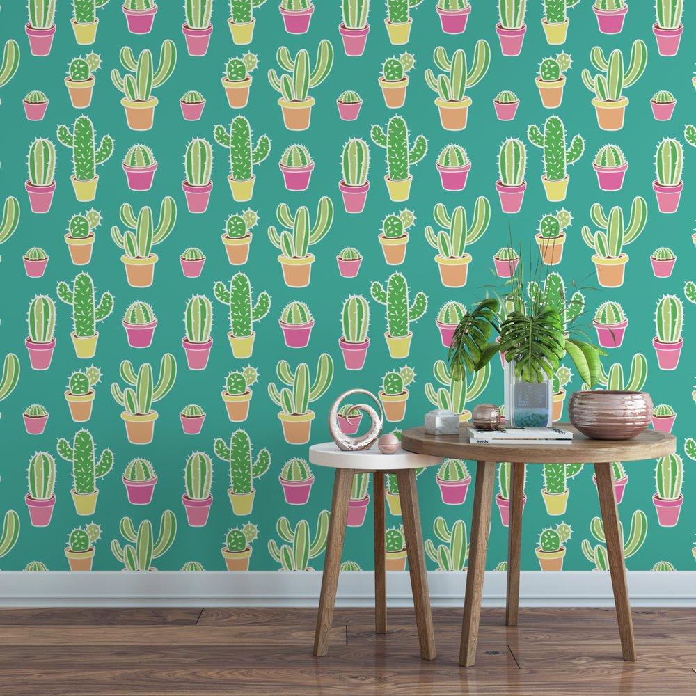 Whimsical Cactus Peel and Stick Wallpaper 25” wide by 96” high / Traditional